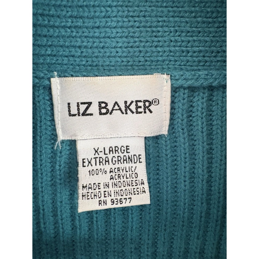 Liz Baker Vintage Teal Solid Rib-Knit Collared Button Front Pocket Cardigan XL - Picture 3 of 5